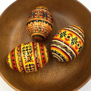Set of 3 Hand Painted Wooden Eggs Ukrainian Pysanky Easter Egg Decor Vintage